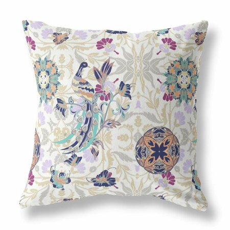 PALACEDESIGNS 16 in. Peacock Indoor & Outdoor Zip Throw Pillow White & Purple PA3103593